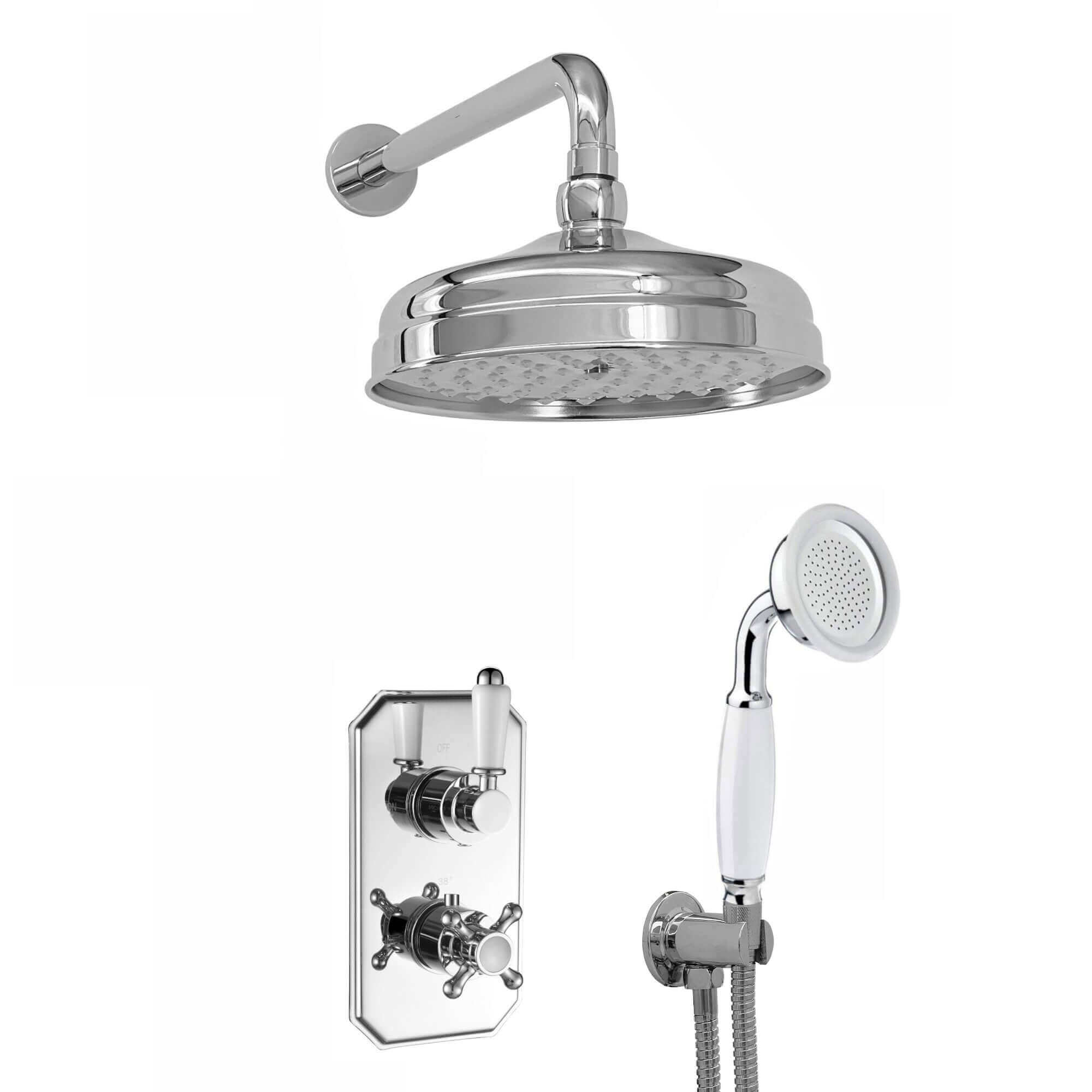 Buy Regent Traditional Crosshead And White Lever Concealed Thermostatic Shower Set Incl. Twin Valve, Wall Fixed 8" Shower Head, Handshower Kit - Chrome (2 Outlet) Online UK | HOUSE OF ENKI